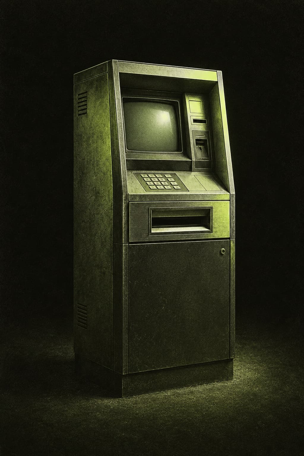 A vintage 1980s ATM machine rendered in grainy lime and charcoal duotone